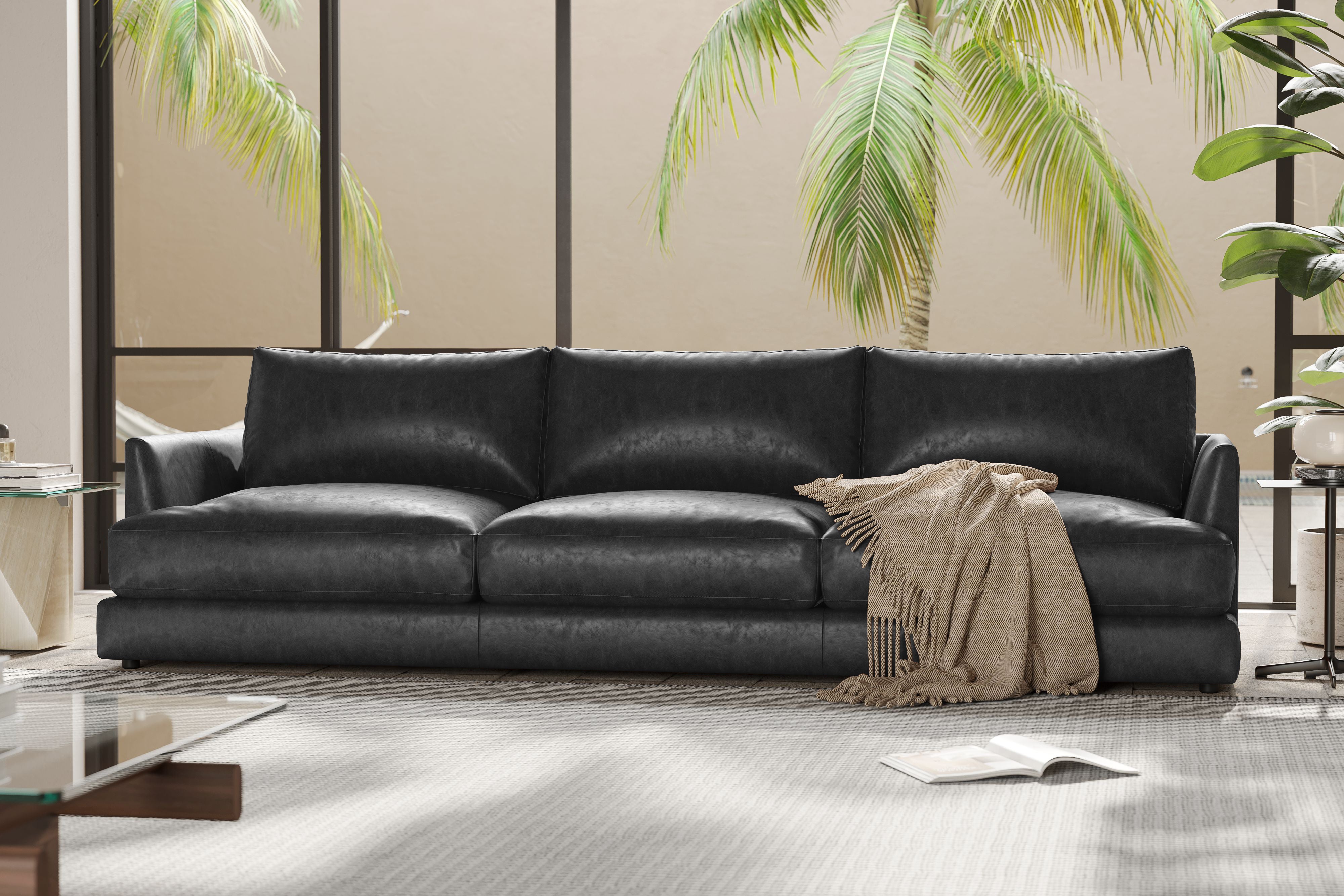 Valencia Serena Leather Three Seats Sectional Sofa, Black