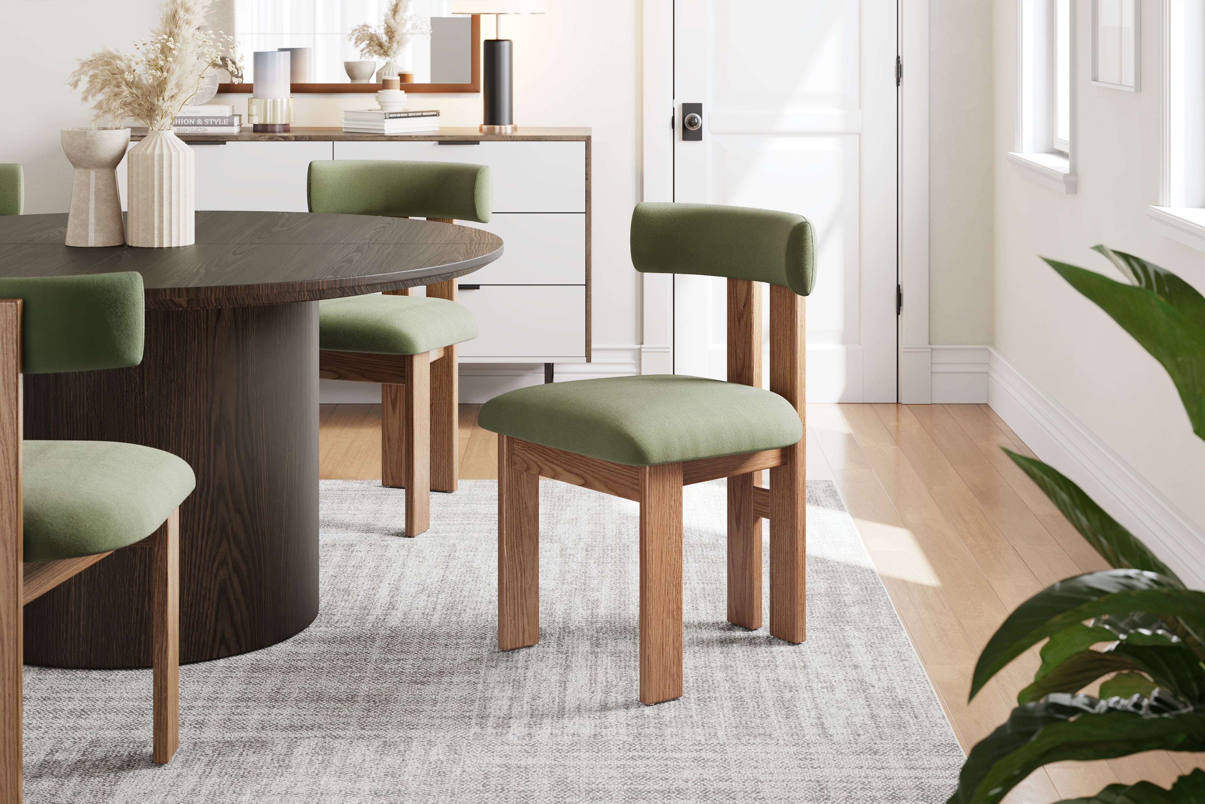 Valencia Carlo Natural Oak Wood Green Mohair Dining Chair, Green