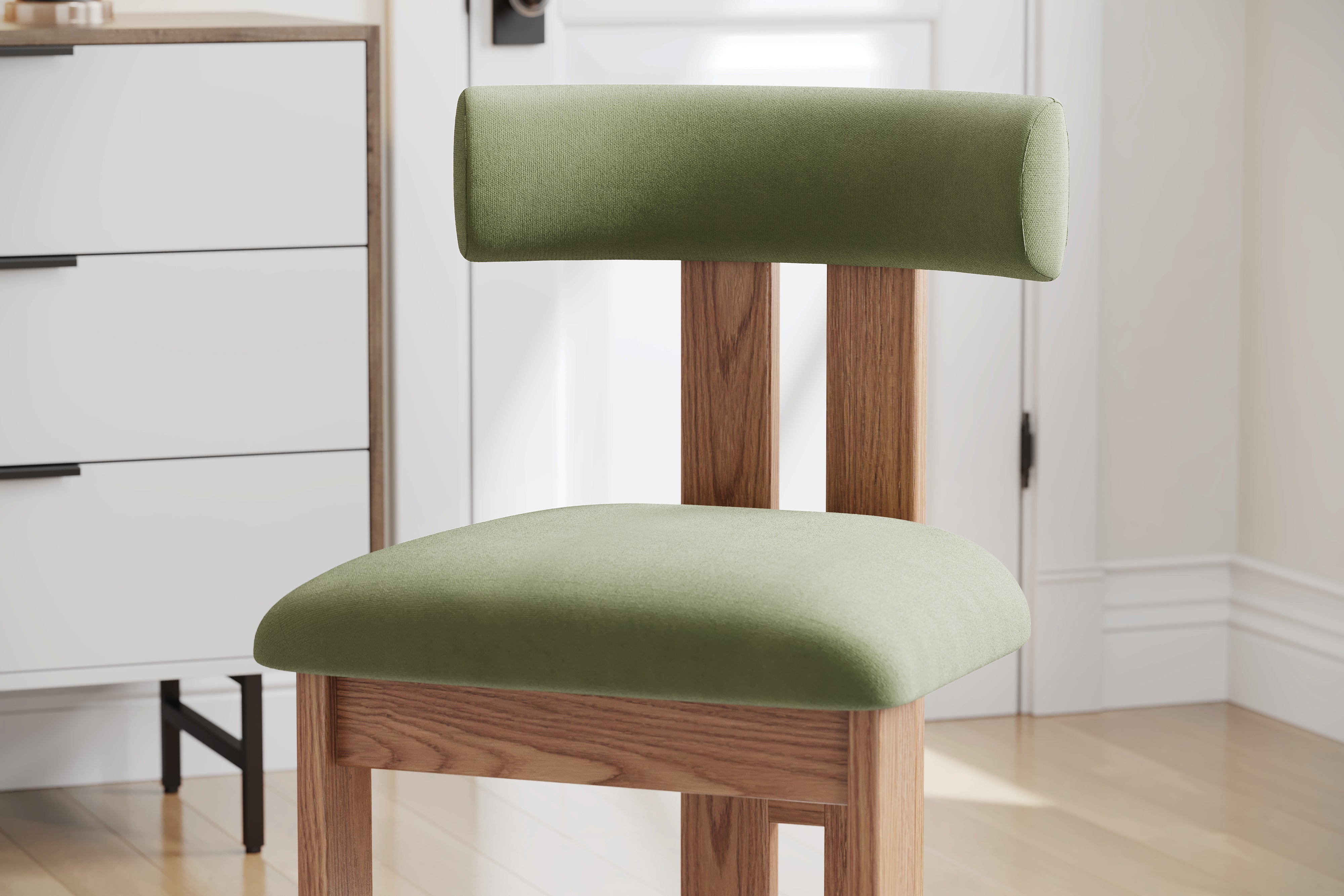 Valencia Carlo Natural Oak Wood Green Mohair Dining Chair, Green