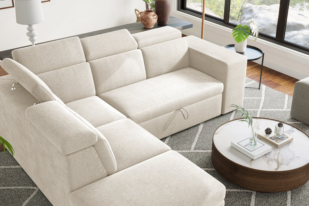 Valencia Finn Fabric Sectional Sofa Bed with Left Hand Storage, Beige