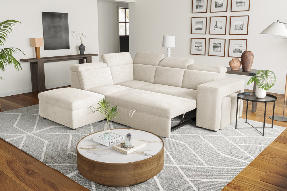 Valencia Finn Fabric Sectional Sofa Bed with Left Hand Storage, Beige