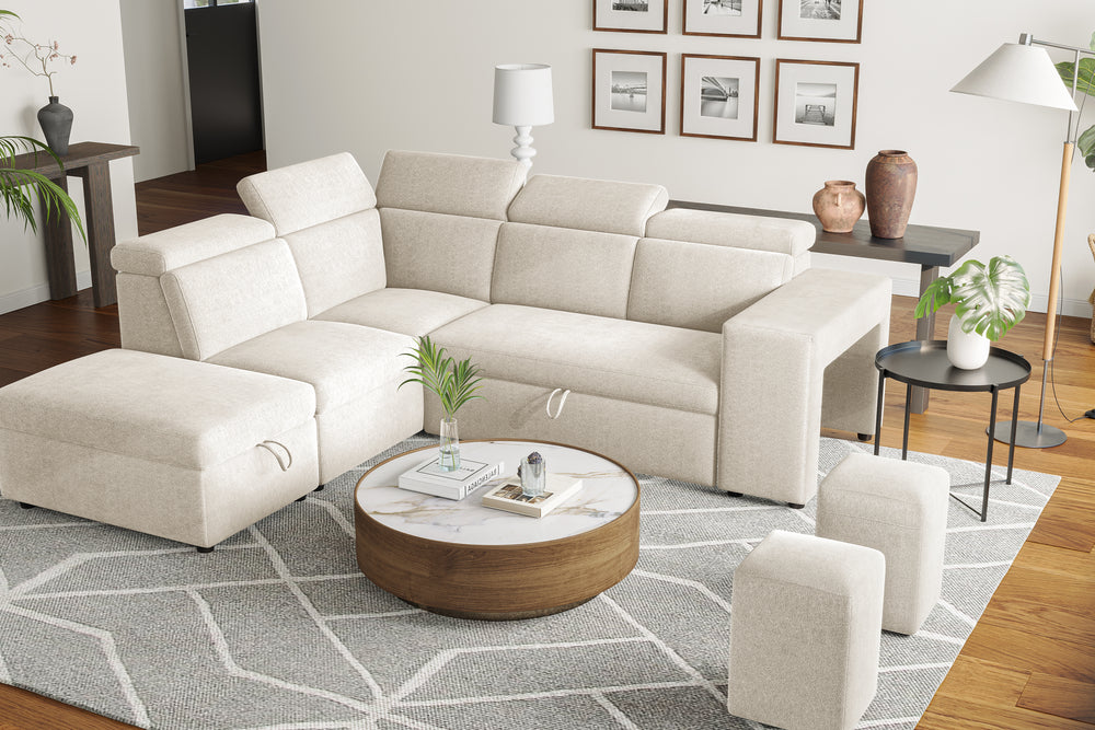 Valencia Finn Fabric Sectional Sofa Bed with Left Hand Storage, Beige