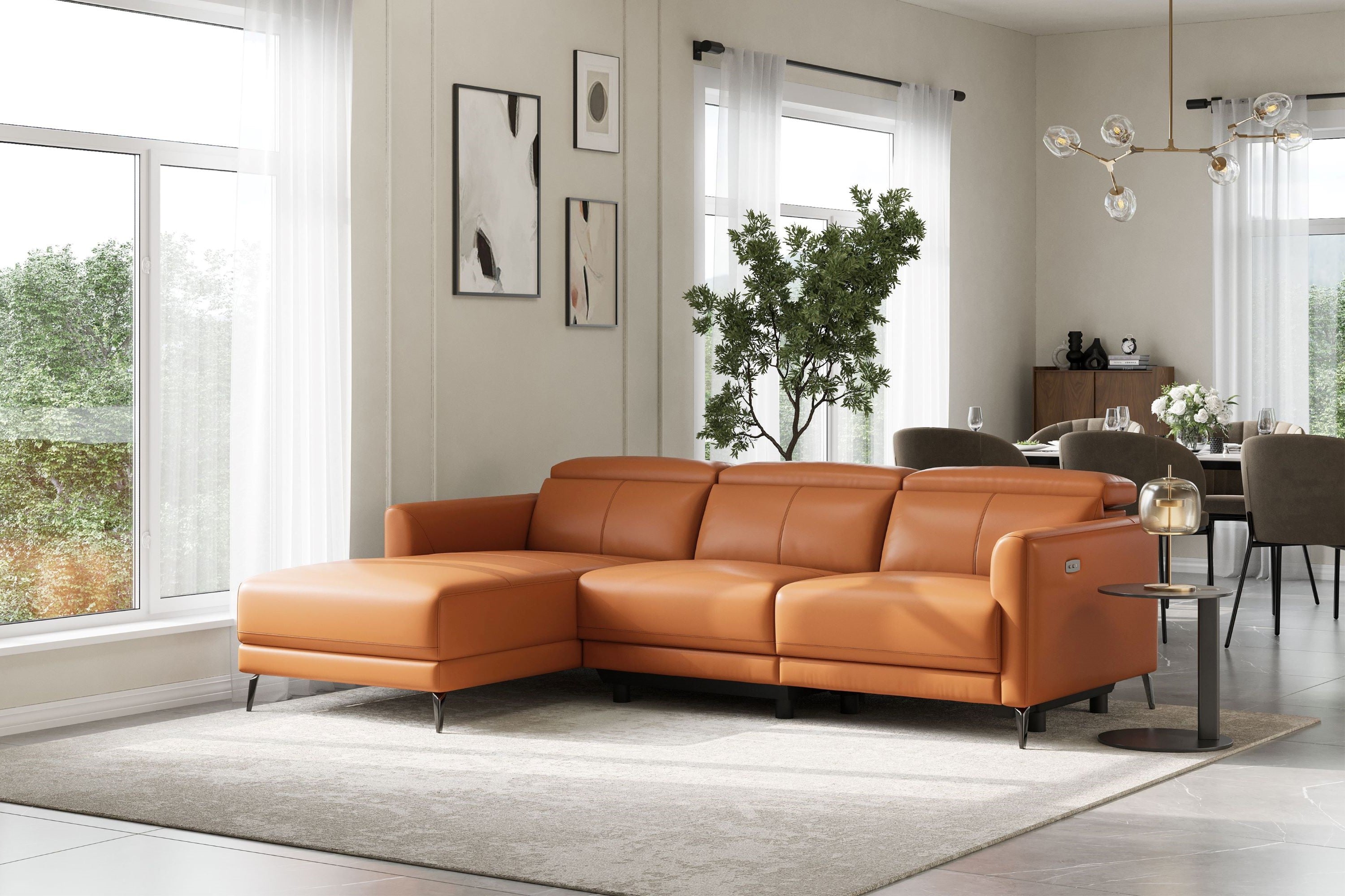 Valencia Andria Modern Left Hand Facing Top Grain Leather Reclining Sectional Sofa, Cognac Color