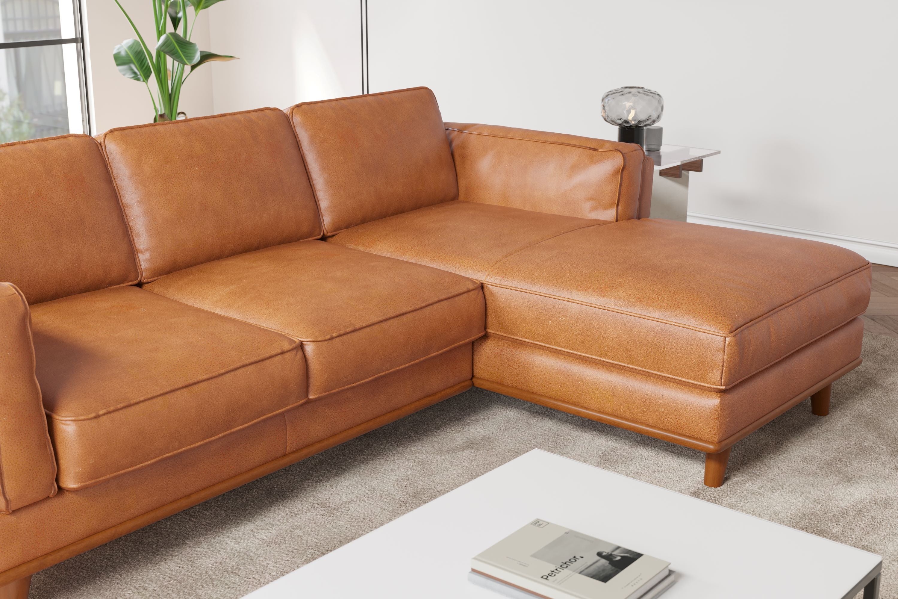 Valencia Artisan Top Grain Leather Three Seats with Right Chaise Leather Sofa, Cognac