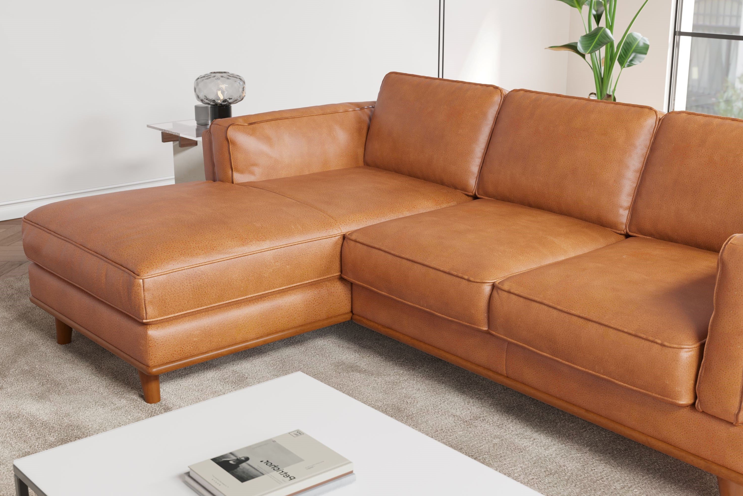 Valencia Artisan Top Grain Leather Three Seats with Left Chaise Leather Sofa, Cognac