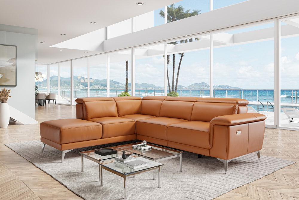 Valencia Pista Modern Top Grain Leather Reclining Sectional Sofa with Left-Hand Facing Chaise, Cognac