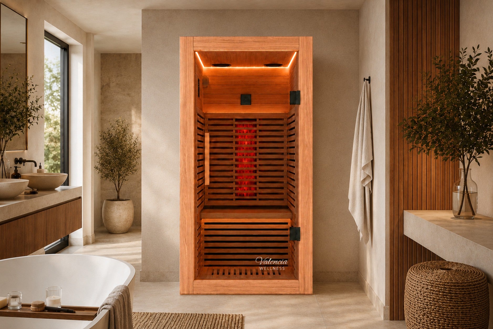 Premium Valencia Aura red cedar infrared sauna in a refined home wellness setting
