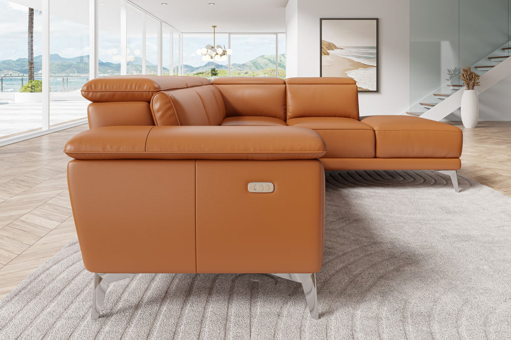 Valencia Pista Modern Top Grain Leather Reclining Sectional Sofa with Right-Hand Facing Chaise, Cognac