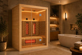 Natural wood 3-person infrared sauna in a modern wellness room
