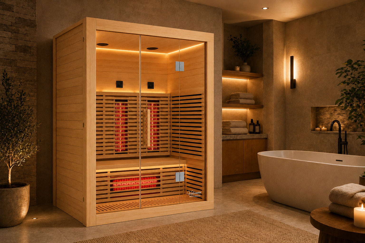 Natural wood 3-person infrared sauna in a modern wellness room