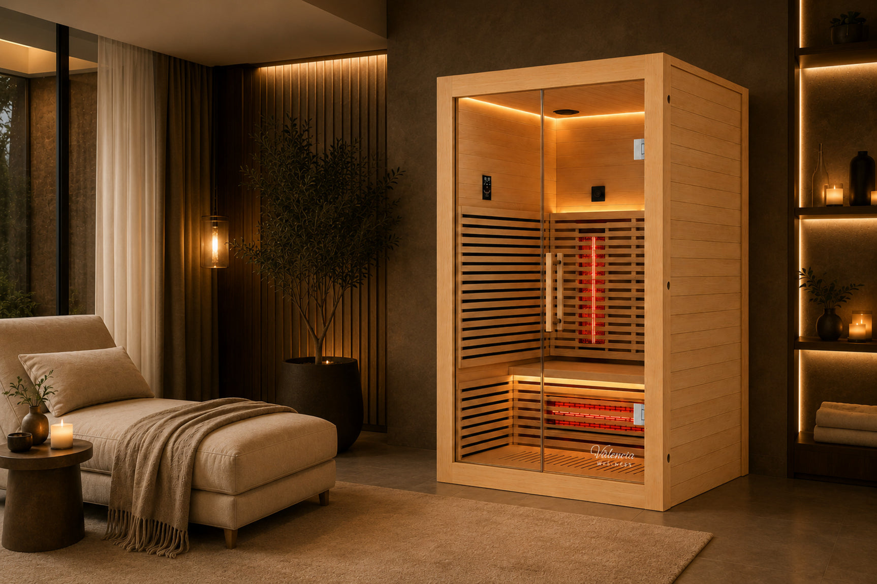Natural wood 2-person infrared sauna in a modern wellness room