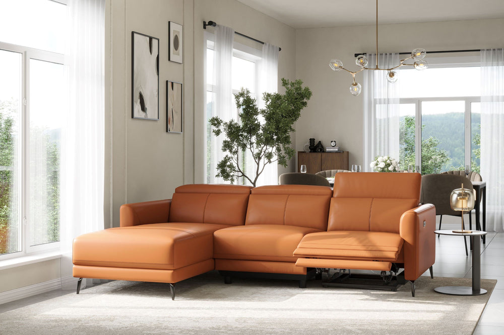 Valencia Andria Modern Left Hand Facing Top Grain Leather Reclining Sectional Sofa, Cognac Color