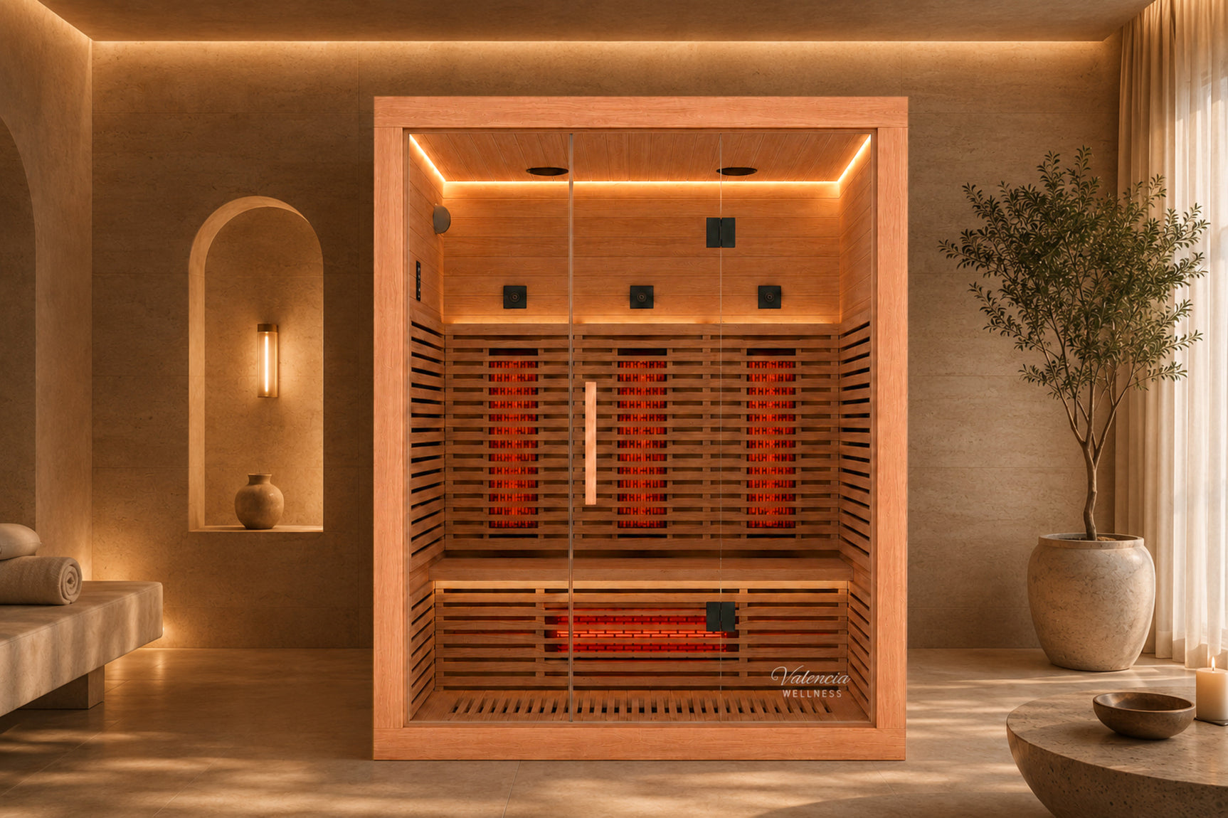 Valencia Aura™ 3-Person Full Spectrum Low-EMF Infrared Sauna | Unvarnished Canadian Red Cedar