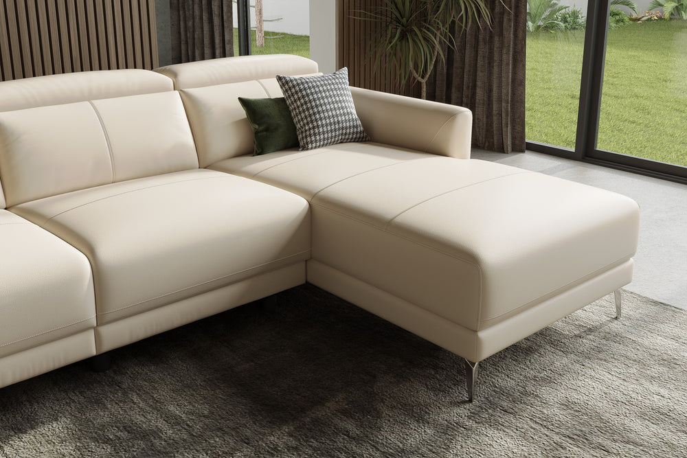Valencia Andria Modern Right Hand Facing Top Grain Leather Reclining Sectional Sofa, Beige Color