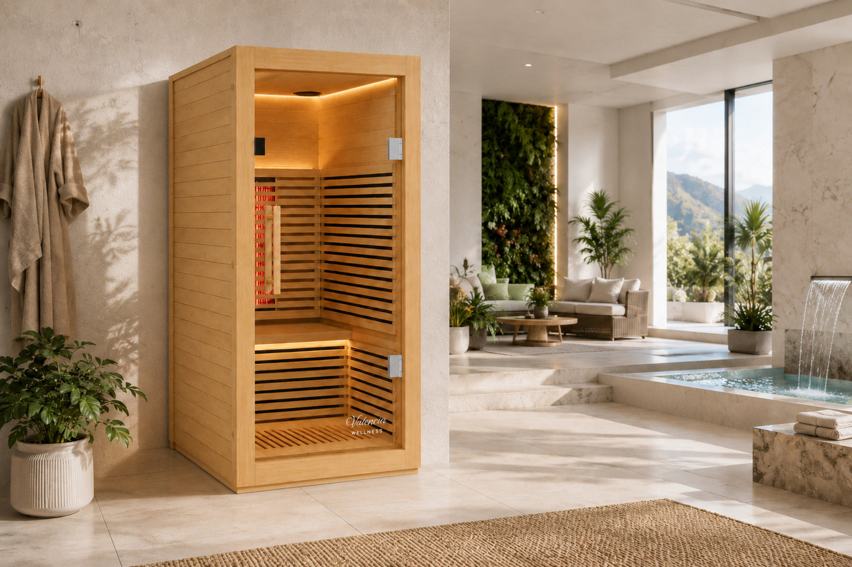Valencia Aura 1-person natural wood sauna in a high-end residential interior