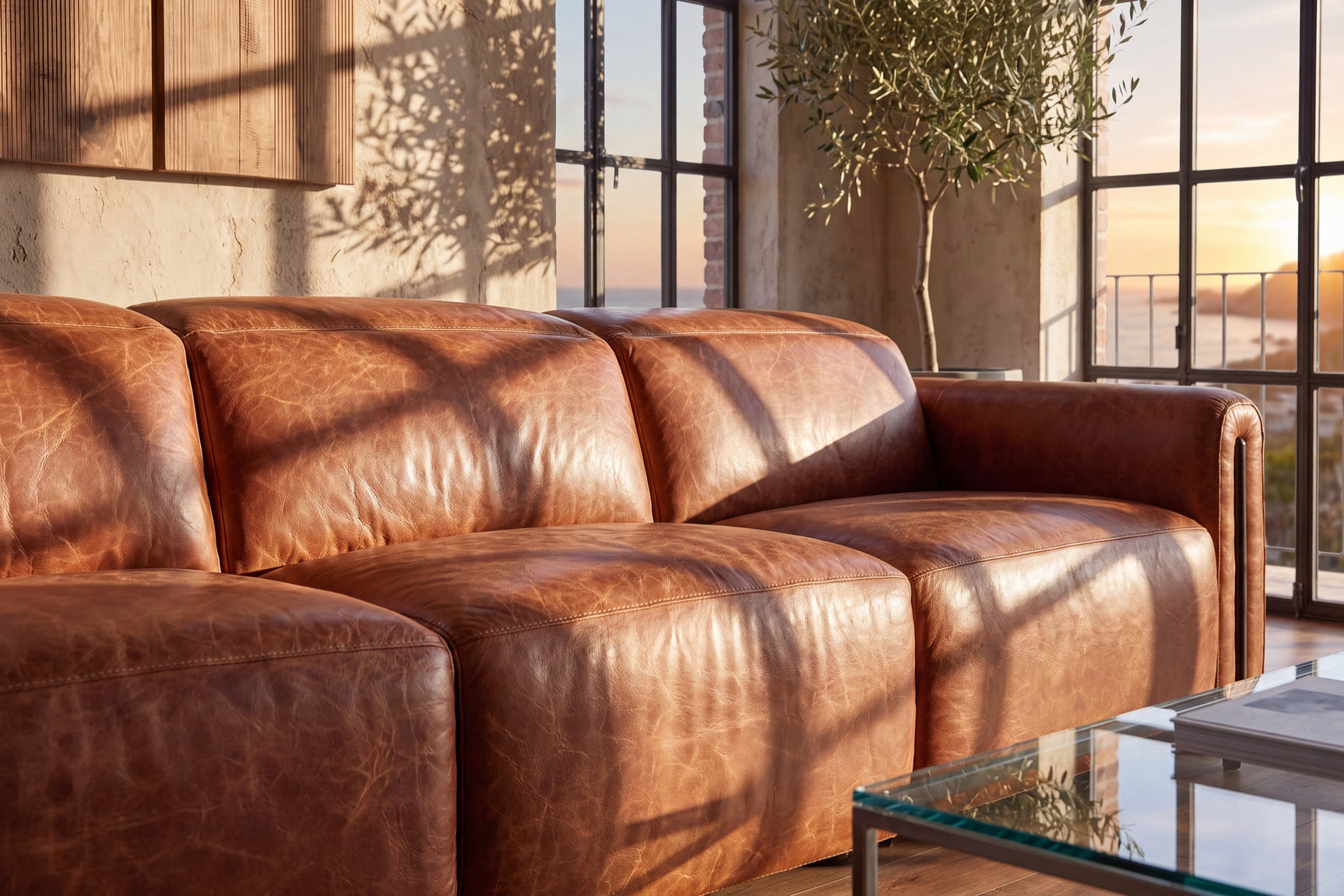 Octavia Distressed Italian Aniline Leather Reclining Corner Sectional Sofa