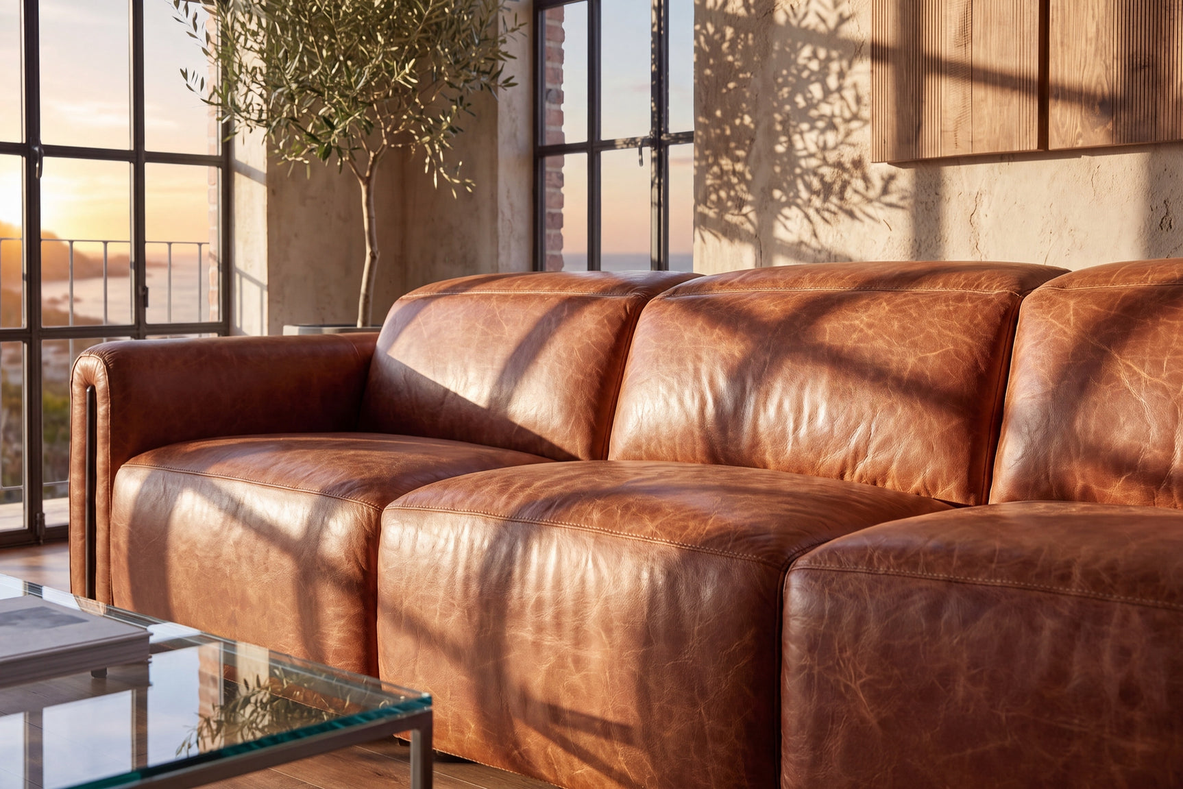 Octavia Distressed Italian Aniline Leather Reclining Corner Sectional Sofa