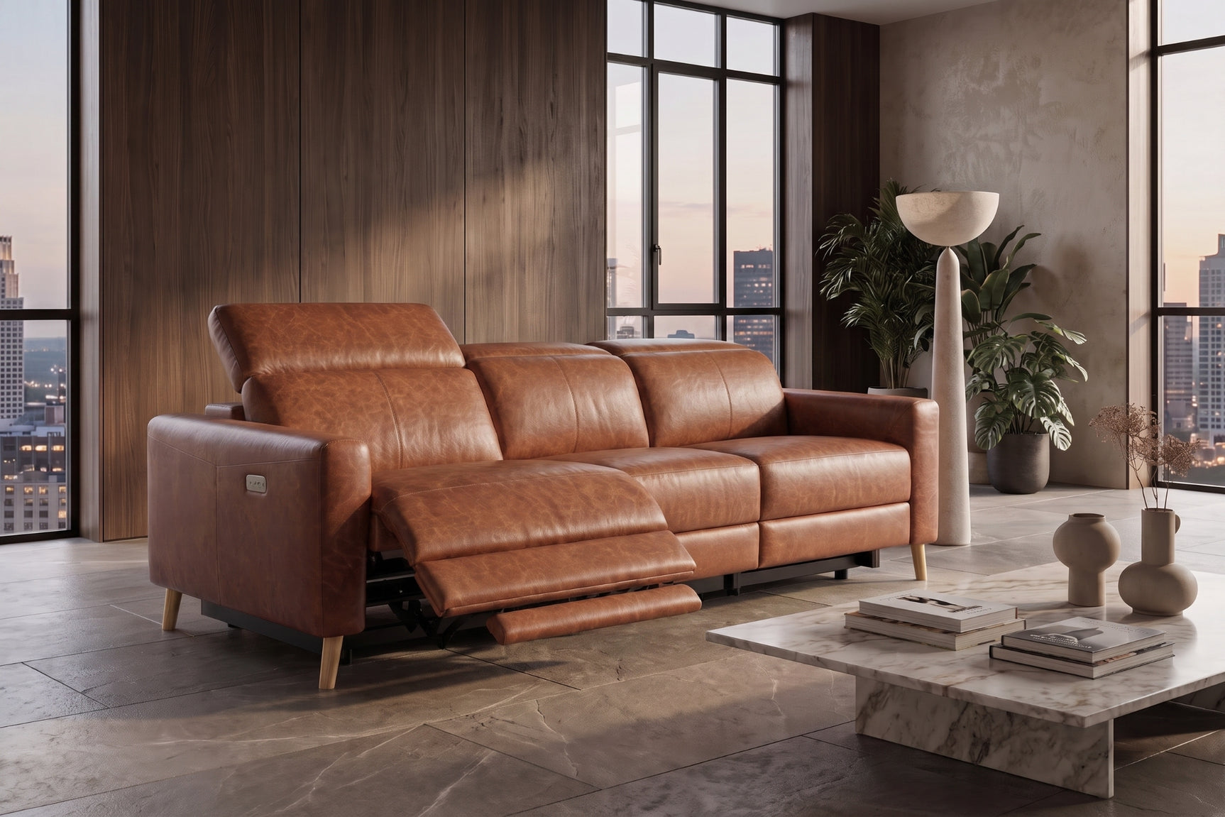 Elodie Distressed Italian Aniline Leather Dual Recliner Sofa