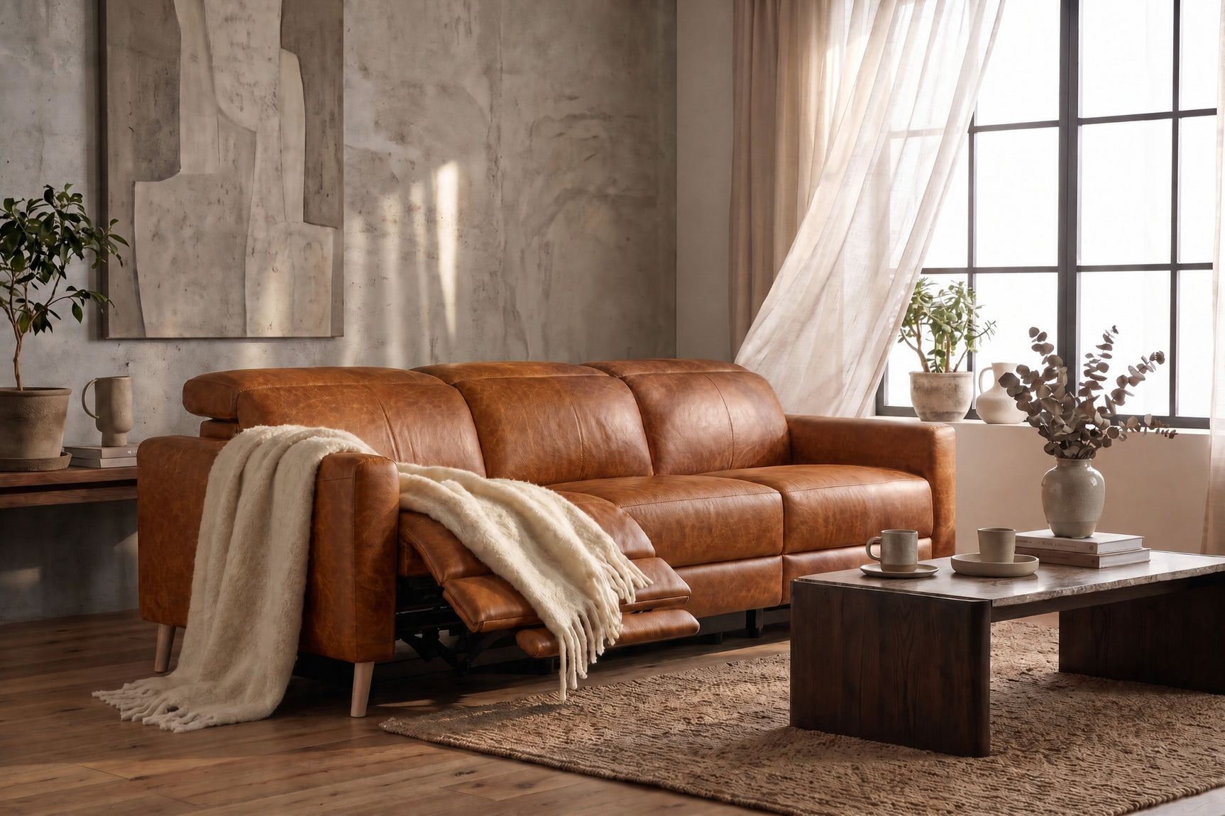 Elodie Distressed Italian Aniline Leather Dual Recliner Sofa