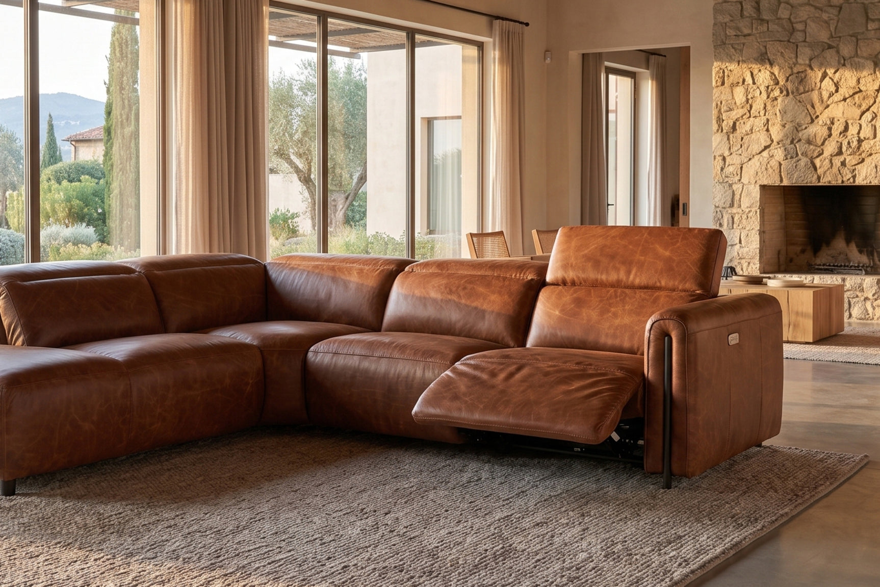 Octavia Distressed Italian Aniline Leather Reclining Corner Sectional Sofa
