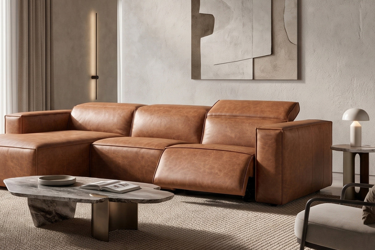 Emery Distressed Italian Aniline Leather Recliner Sectional Sofa