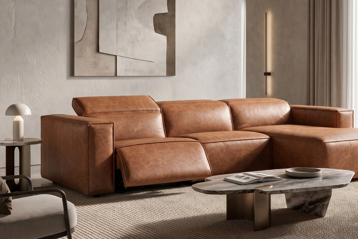 Emery Distressed Italian Aniline Leather Recliner Sectional Sofa