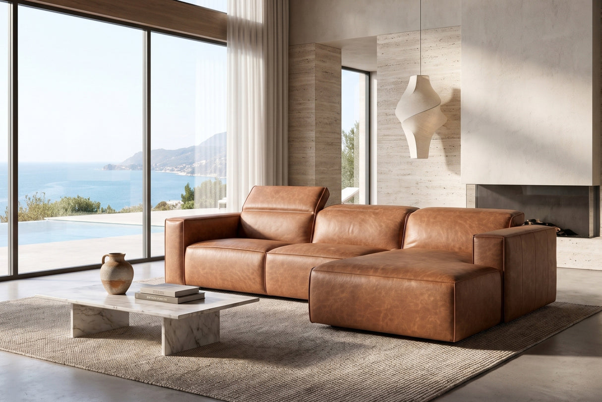 Emery Distressed Italian Aniline Leather Recliner Sectional Sofa
