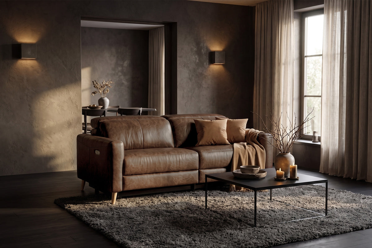 Elodie dual Recliner Sofa in distressed Italian aniline leather
