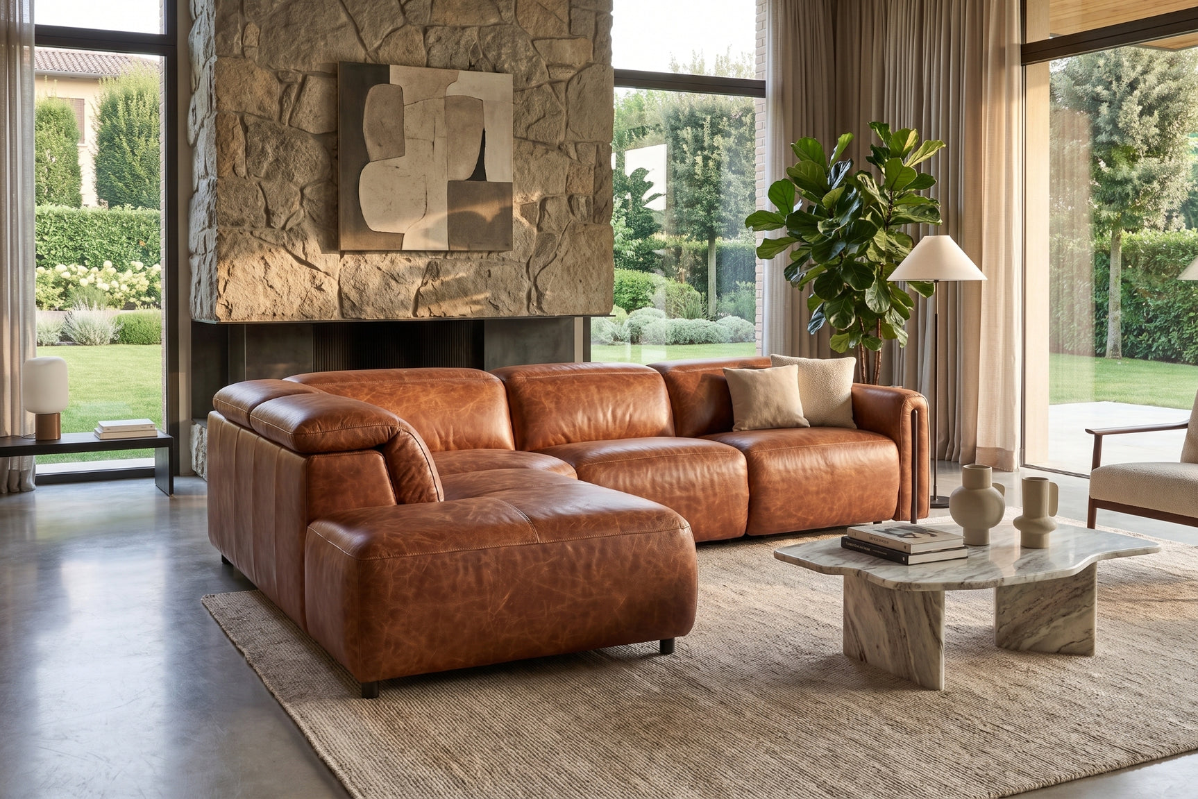 Octavia Distressed Italian Aniline Leather Reclining Corner Sectional Sofa