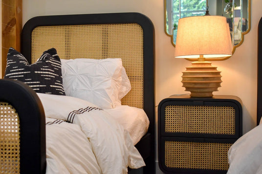 Linden Mango Wood Table Lamp with Cotton Shade - At Home by the Bed