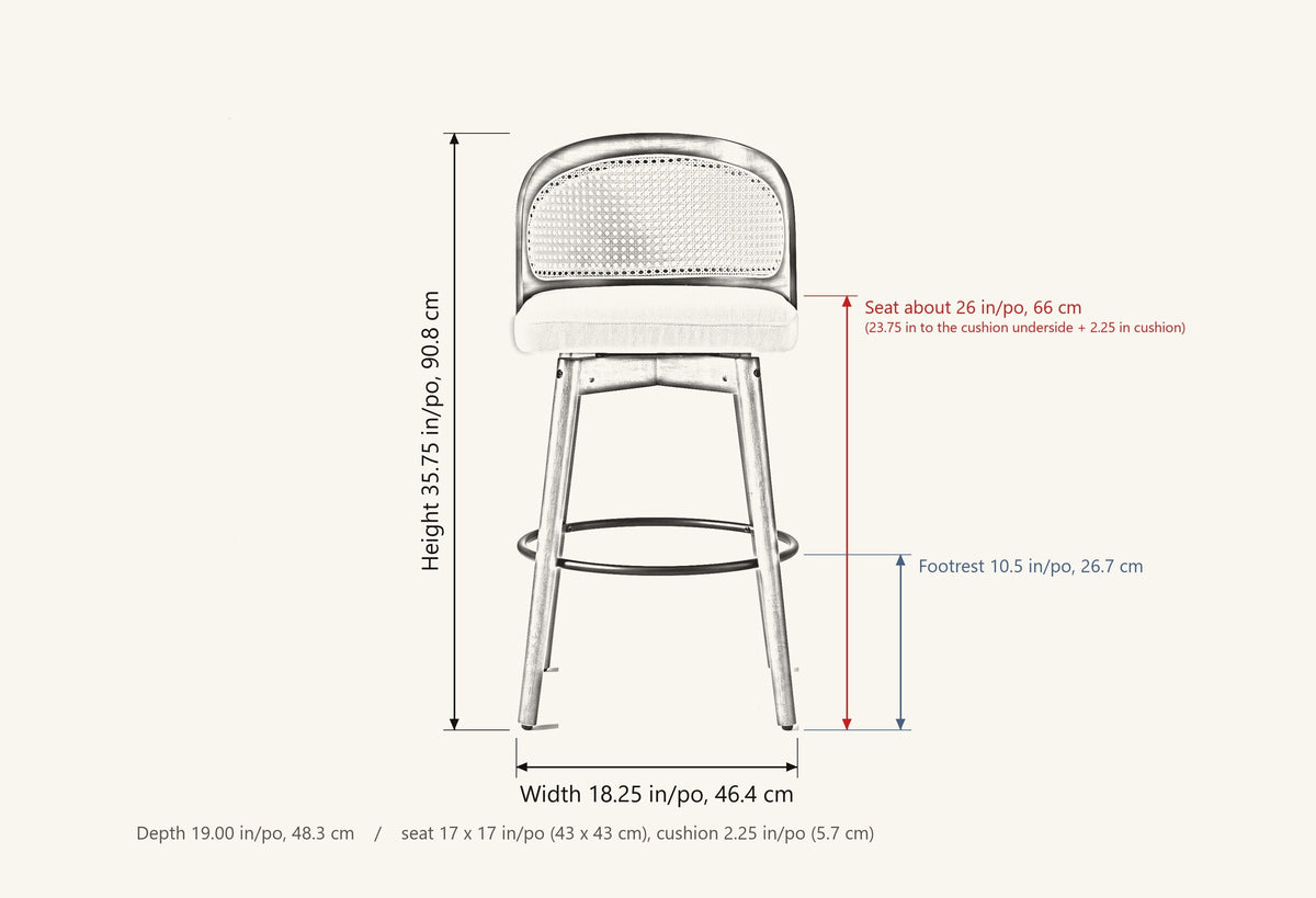 Locorotondo dimensions: 18.25 in wide, 19.00 in deep, 35.75 in high, seat about 26 in high, footrest 10.5 in from the floor