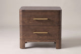 Lodi nightstand in Brown Oak, straight front view: two drawers with brushed-gold bar pulls, rounded corners, four block legs