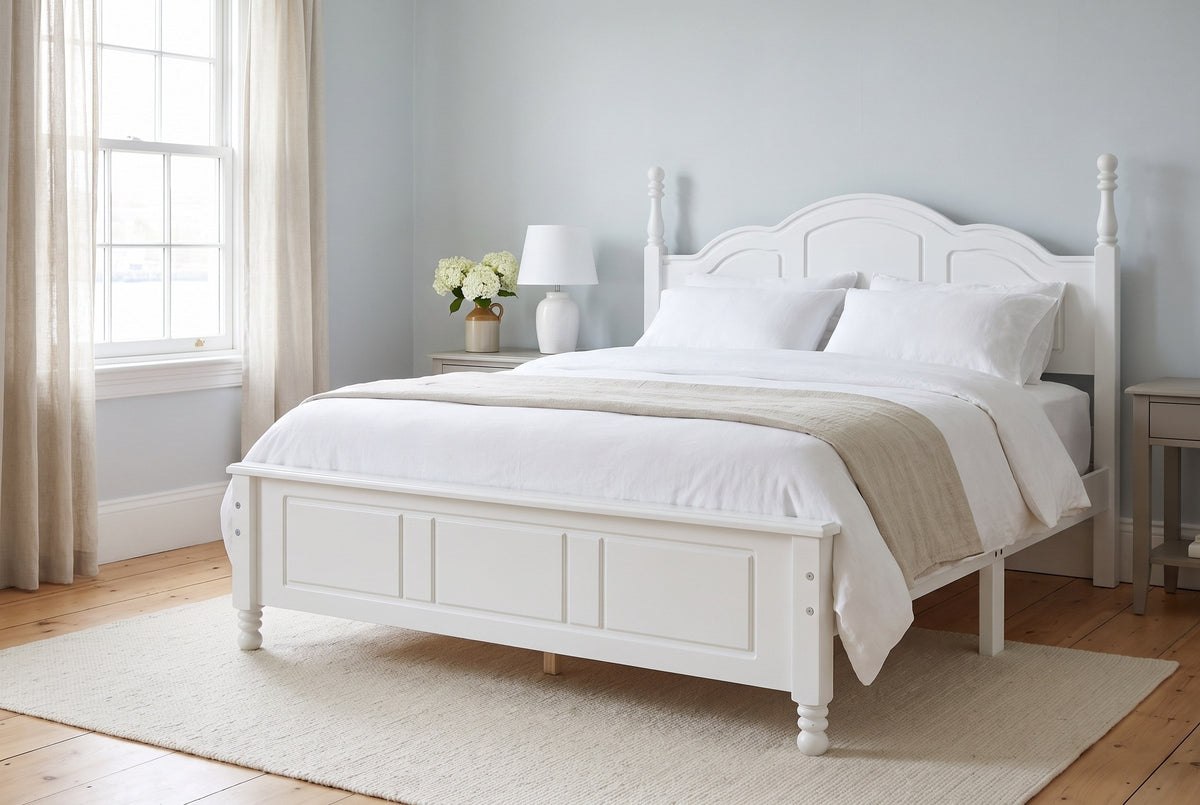 Loreto bed in white made up with white linen, in a pale blue Halifax bedroom with a sash window and white hydrangeas
