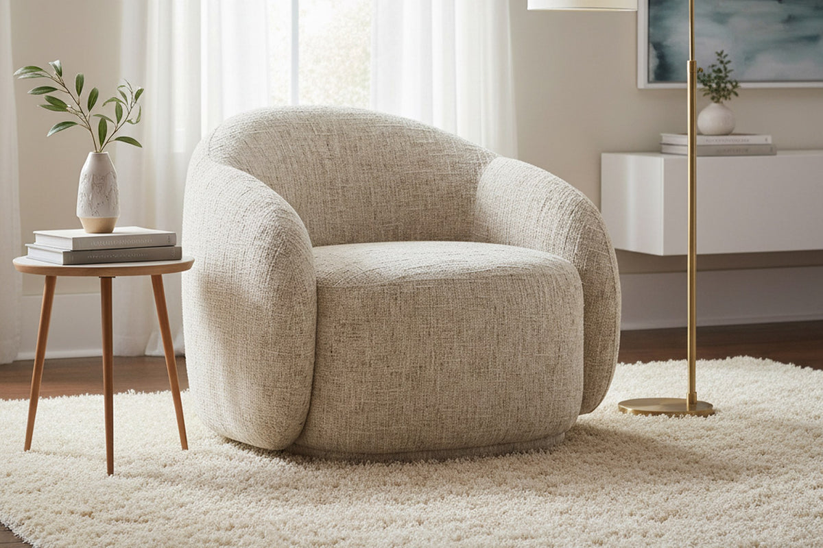 Lowell beige textured accent chair on a shag rug beside a side table and floor lamp
