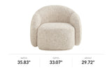 Lowell beige bucket accent chair, front view with dimensions