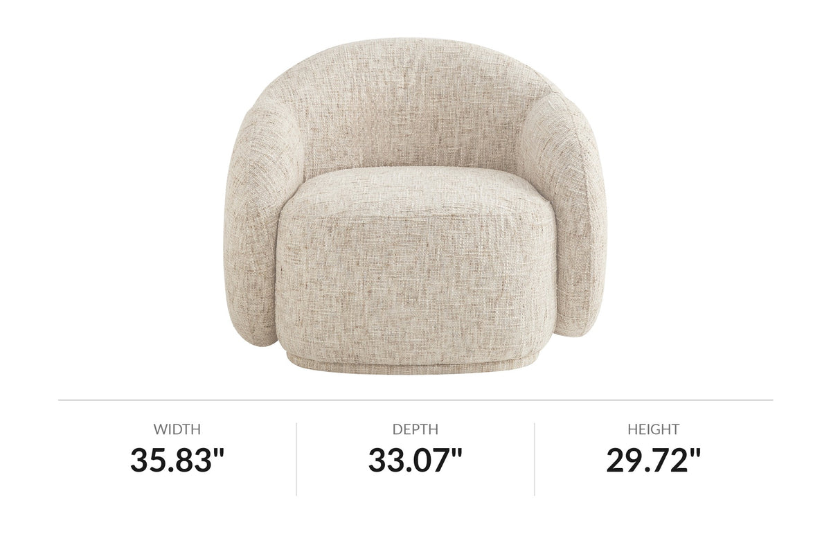 Lowell beige bucket accent chair, front view with dimensions