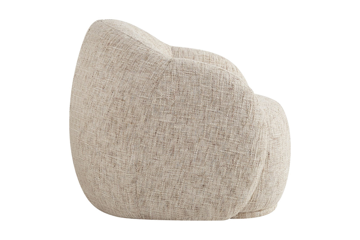 Lowell beige accent chair side view showing the rounded arm and upholstered base