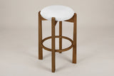Lucera backless bar stool in Dark Walnut, three-quarter view on a warm light-grey studio backdrop