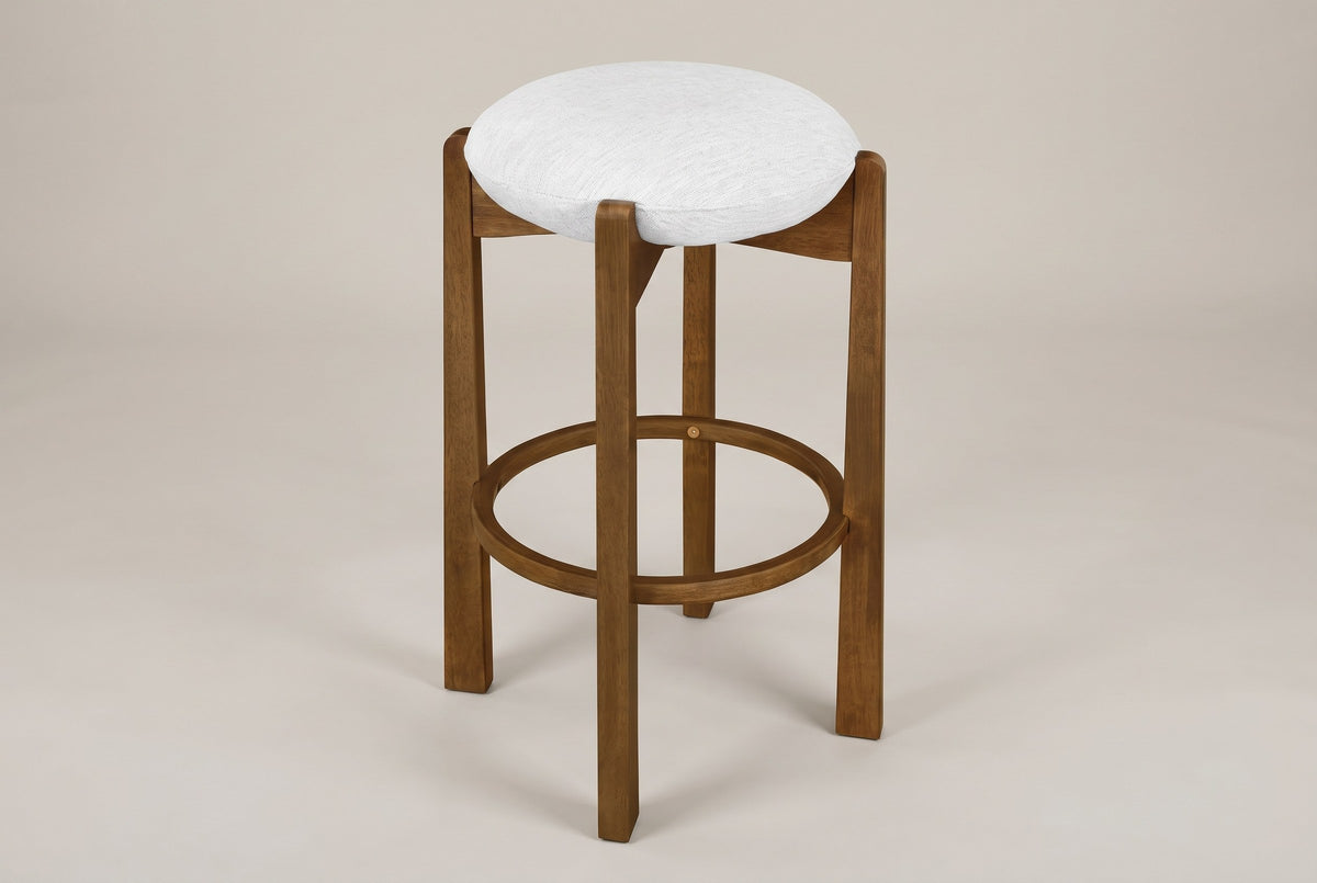 Lucera backless bar stool in Dark Walnut, three-quarter view on a warm light-grey studio backdrop