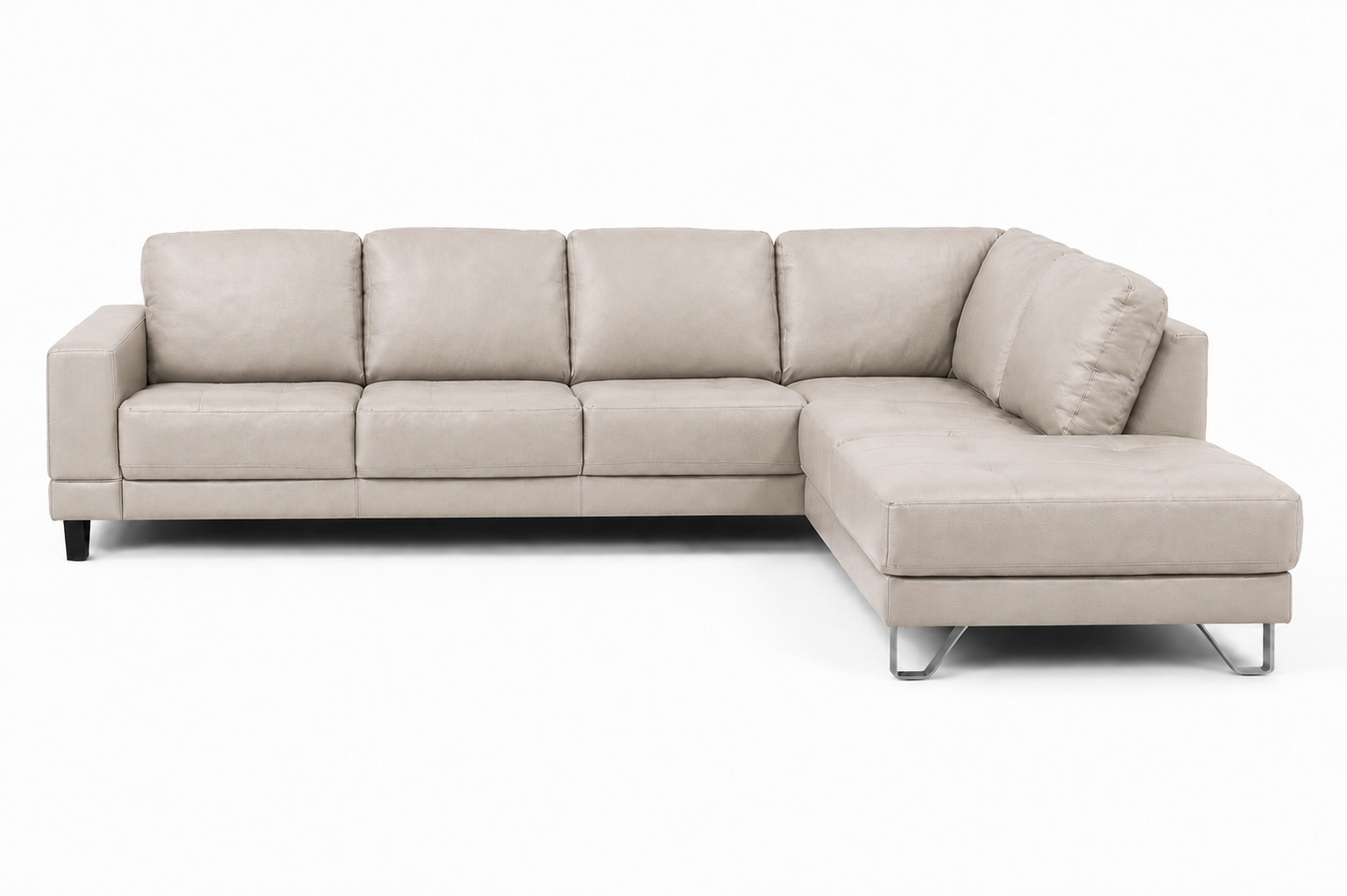 Lucien bisque leather sectional sofa with left-facing chaise, front angle view