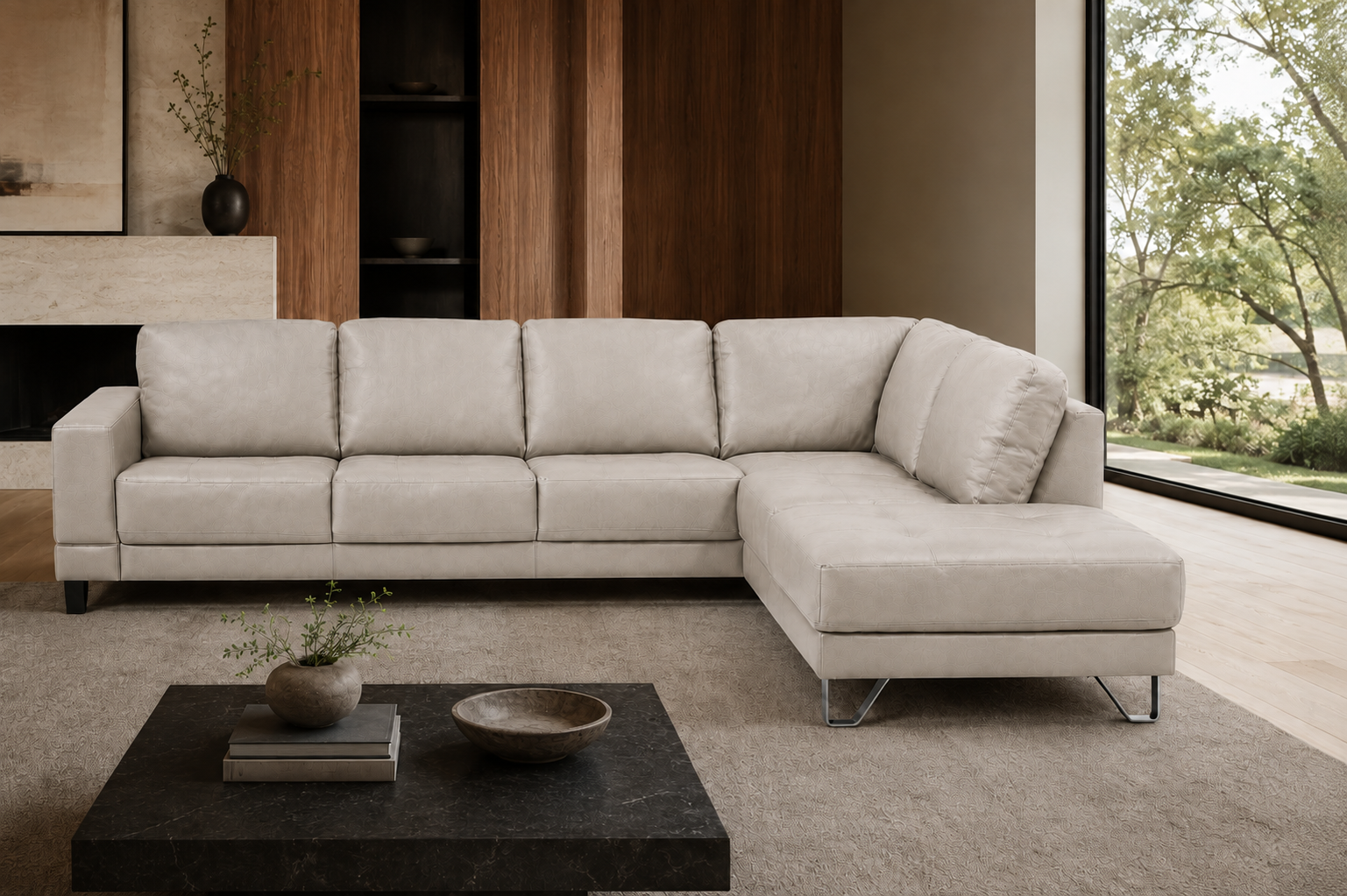 Lucien bisque leather sectional left configuration, three-quarter view