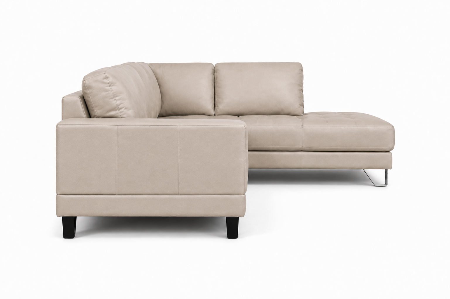 Lucien bisque leather sectional left bumper, side profile with extended chaise