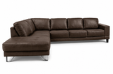 Lucien chocolate leather sectional sofa with left-facing chaise, front angle view