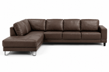 Lucien chocolate leather sectional left bumper, side profile with chaise