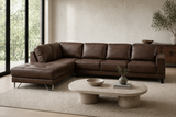Lucien chocolate leather sectional left bumper, wide track arm detail