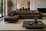Lucien chocolate leather sectional left bumper, back view full upholstery