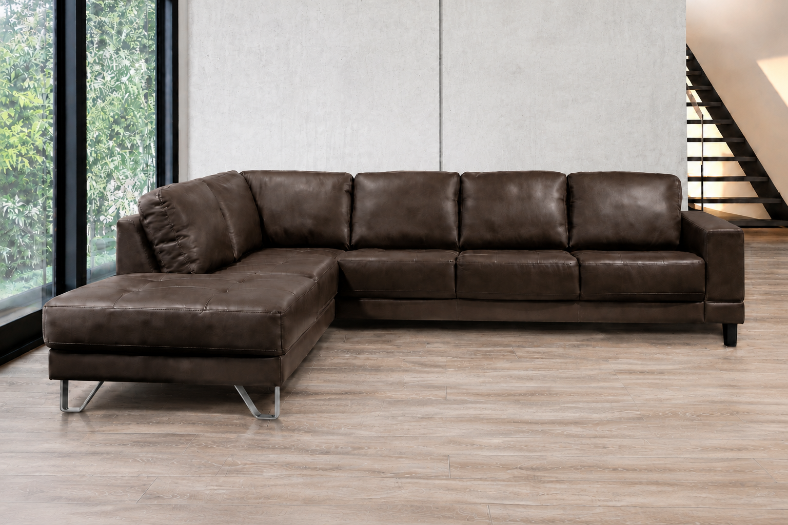 Lucien chocolate leather sectional left bumper, elevated metal legs detail