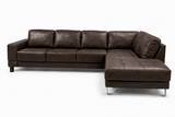 Lucien chocolate leather sectional sofa right configuration, three-quarter view