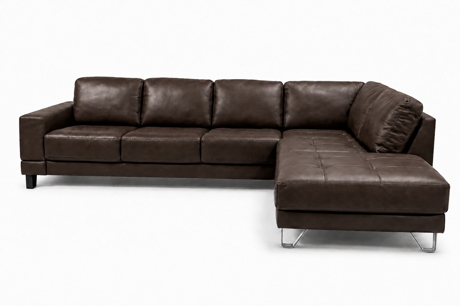 Lucien chocolate leather sectional sofa right configuration, three-quarter view