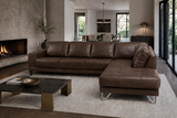 Lucien chocolate leather sectional right bumper, wide track arms detail